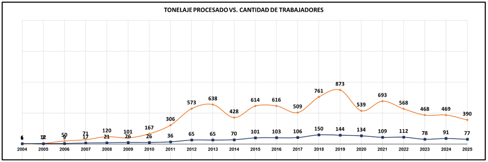 Toneladas producidas versus cantidad de trabajdores